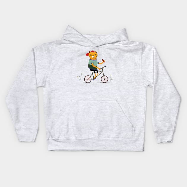 cat on bike Kids Hoodie by sezindarendeillustrations